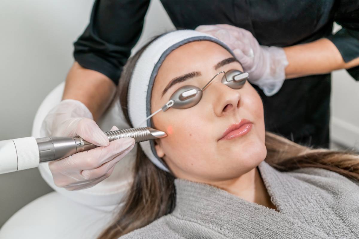 Woman about to start laser treatment around her face.